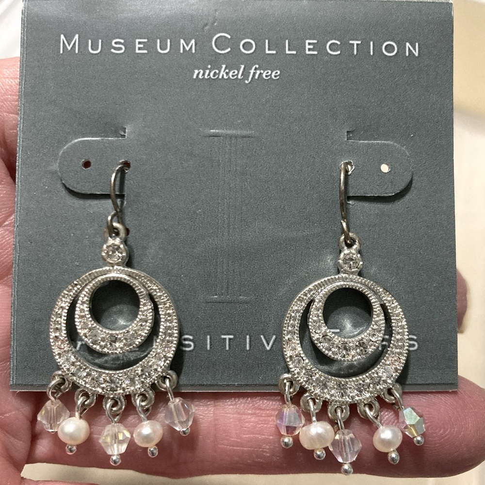 Museum Collection Nickel Free Silver-tone CZ round dangle earrings